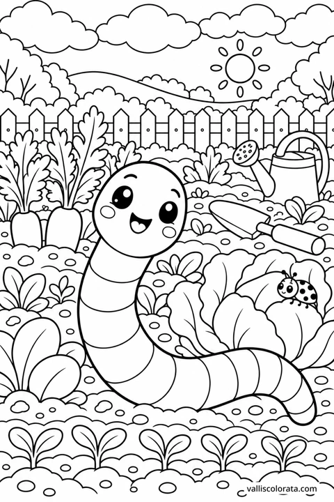 Earthworm in the Vegetable Bed. A free Kawaii L2 coloring page from the Garden Neighbors series, with a detailed scene to color. Download an A4 PDF or branded PNG.