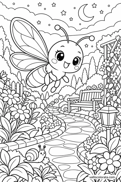 Firefly in the Dusk Garden. A free Kawaii L2 coloring page from the Garden Neighbors series, with a detailed scene to color. Download an A4 PDF or branded PNG.
