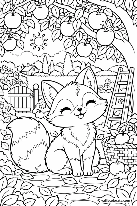 Fox Beneath the Apple Tree. A free Kawaii L2 coloring page from the Garden Neighbors series, with a detailed scene to color. Download an A4 PDF or branded PNG.