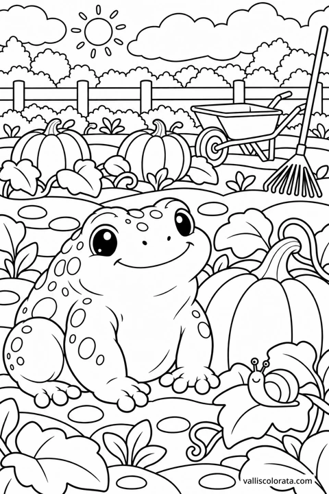 Toad in the Pumpkin Patch. A free Kawaii L2 coloring page from the Garden Neighbors series, with a detailed scene to color. Download an A4 PDF or branded PNG.