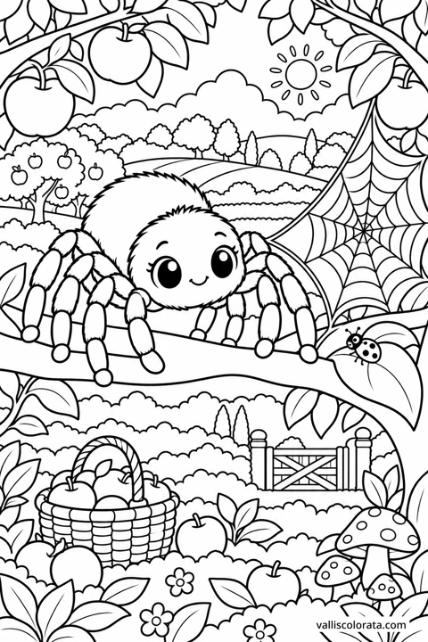 Spider in the Orchard. A free Kawaii L2 coloring page from the Garden Neighbors series, with a detailed scene to color. Download an A4 PDF or branded PNG.
