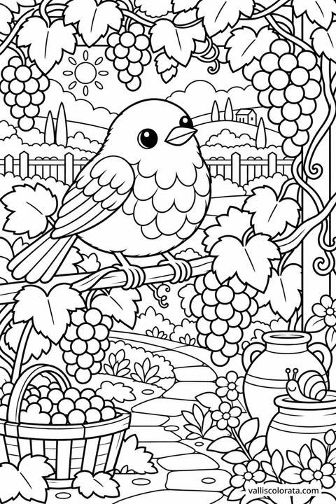 Blackbird by the Grape Vine. A free Kawaii L2 coloring page from the Garden Neighbors series, with a detailed scene to color. Download an A4 PDF or branded PNG.