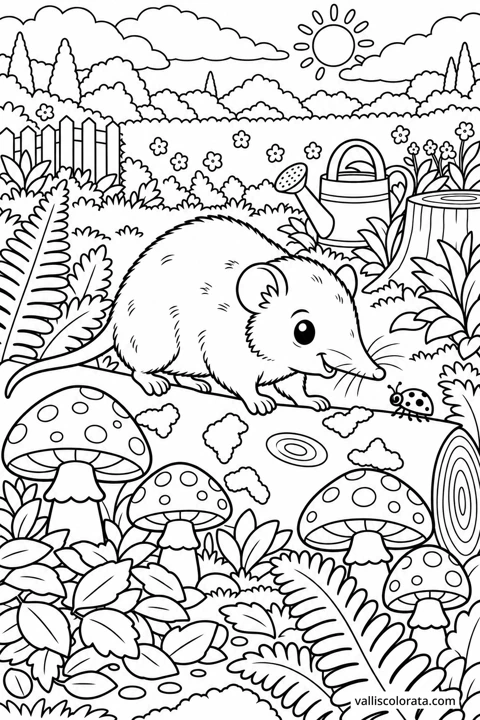 Shrew Among the Mushrooms. A free Kawaii L2 coloring page from the Garden Neighbors series, with a detailed scene to color. Download an A4 PDF or branded PNG.