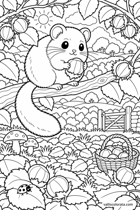 Dormouse on a Hazel Branch. A free Kawaii L2 coloring page from the Garden Neighbors series, with a detailed scene to color. Download an A4 PDF or branded PNG.