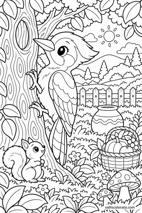 Woodpecker on the Garden Tree. A free Kawaii L2 coloring page from the Garden Neighbors series, with a detailed scene to color. Download an A4 PDF or branded PNG.