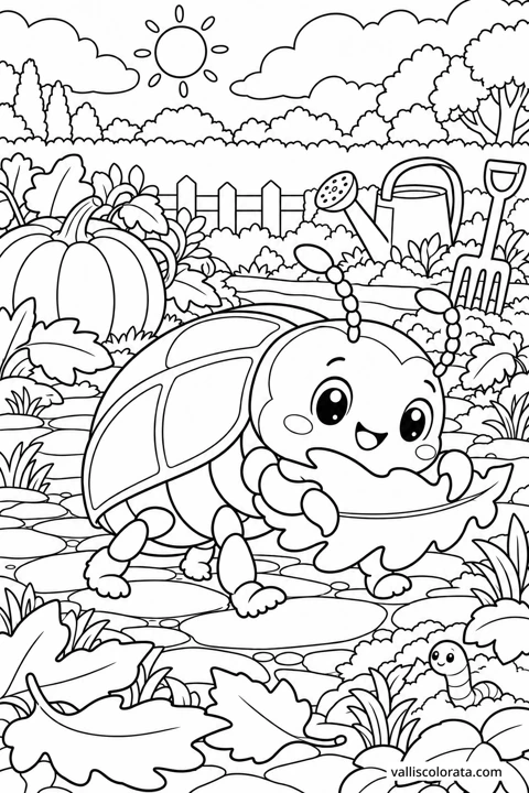 Beetle Carrying a Fallen Leaf. A free Kawaii L2 coloring page from the Garden Neighbors series, with a detailed scene to color. Download an A4 PDF or branded PNG.