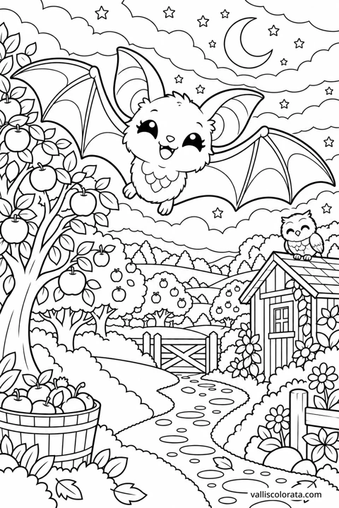 Bat Above the Autumn Orchard. A free Kawaii L2 coloring page from the Garden Neighbors series, with a detailed scene to color. Download an A4 PDF or branded PNG.