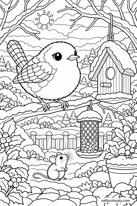 Wren Beside the Birdhouse. A free Kawaii L2 coloring page from the Garden Neighbors series, with a detailed scene to color. Download an A4 PDF or branded PNG.