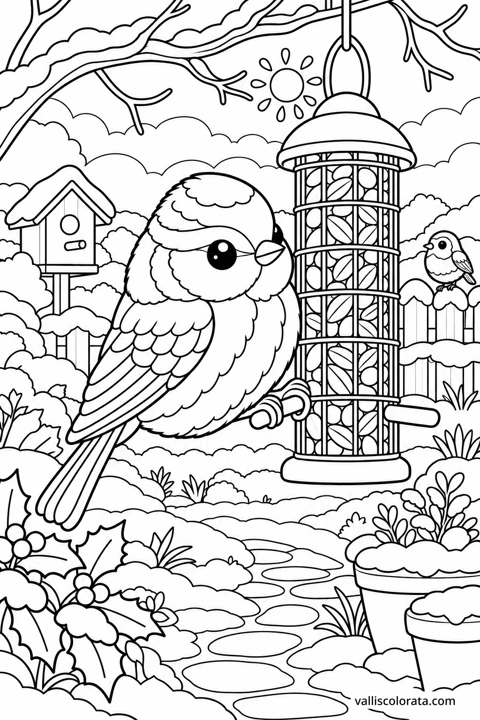 Blue Tit at the Feeder. A free Kawaii L2 coloring page from the Garden Neighbors series, with a detailed scene to color. Download an A4 PDF or branded PNG.