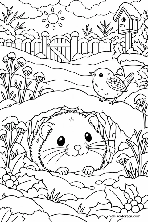 Vole Beneath the Snow Bank. A free Kawaii L2 coloring page from the Garden Neighbors series, with a detailed scene to color. Download an A4 PDF or branded PNG.