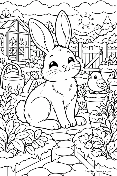 Hare in the Frosty Herb Patch. A free Kawaii L2 coloring page from the Garden Neighbors series, with a detailed scene to color. Download an A4 PDF or branded PNG.