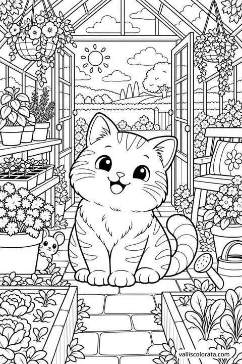 Bojanka: Mačka u stakleniku. Besplatna Kawaii bojanka razine L2 iz kolekcije Vrtni susjedi. Preuzmite A4 PDF ili PNG s oznakom Vallis Colorata.