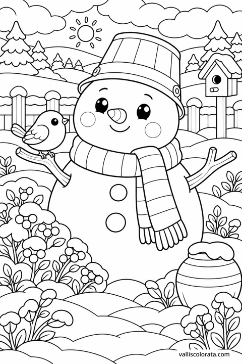 Bojanka: Snjegović u vrtu bobica. Besplatna Kawaii bojanka razine L2 iz kolekcije Vrtni susjedi. Preuzmite A4 PDF ili PNG s oznakom Vallis Colorata.