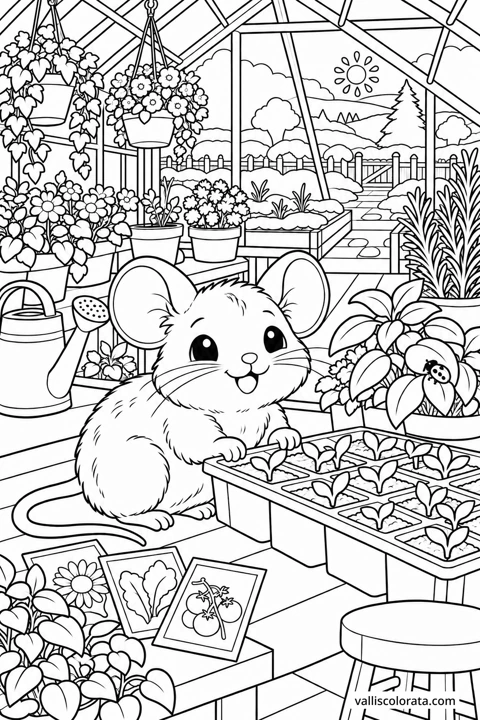 Mouse in the Winter Greenhouse. A free Kawaii L2 coloring page from the Garden Neighbors series, with a detailed scene to color. Download an A4 PDF or branded PNG.