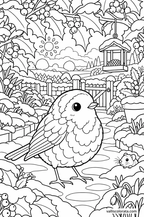 Robin Beneath the Holly. A free Kawaii L2 coloring page from the Garden Neighbors series, with a detailed scene to color. Download an A4 PDF or branded PNG.