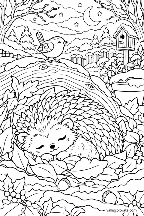 Hedgehog in a Leaf Nest. A free Kawaii L2 coloring page from the Garden Neighbors series, with a detailed scene to color. Download an A4 PDF or branded PNG.