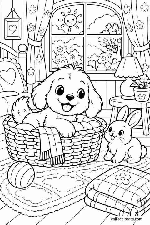 A cheerful puppy rests in a cozy basket beside a rabbit in a sunny room. A Kawai L2 coloring page from Little Puppy, Big Adventures.