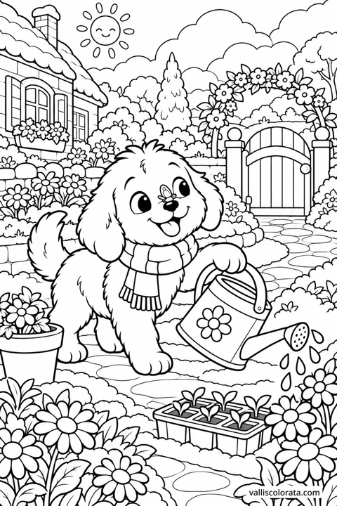 The puppy tends a flower-filled garden with a watering can beside a garden gate. A Kawaii L2 coloring page from Little Puppy, Big Adventures.