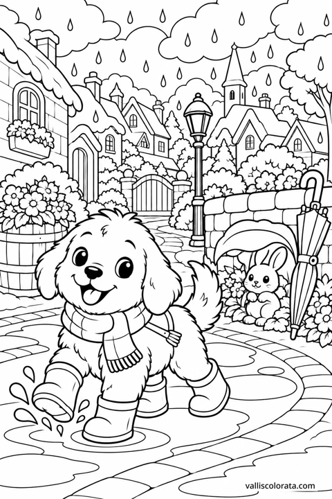 Wearing rain boots, the puppy splashes through puddles on a rainy village street. A Kawaii L2 coloring page from Little Puppy, Big Adventures.