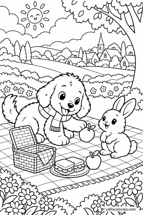 The puppy and a rabbit share a picnic beside a basket on a flower-filled meadow. A Kawaii L2 coloring page from Little Puppy, Big Adventures.