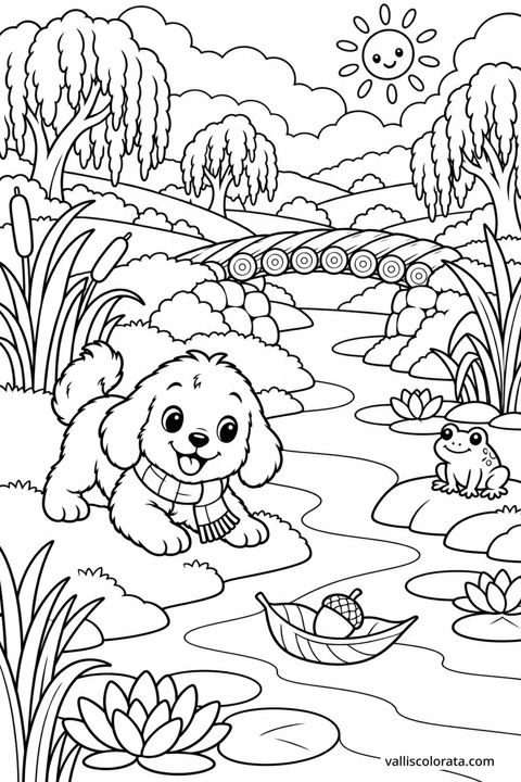 The puppy watches a little leaf boat by a pond with water lilies and a wooden bridge. A Kawaii L2 coloring page from Little Puppy, Big Adventures.