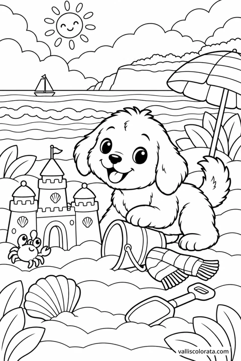 The puppy builds a sandcastle on a beach among seashells, with sailboats in the distance. A Kawaii L2 coloring page from Little Puppy, Big Adventures.