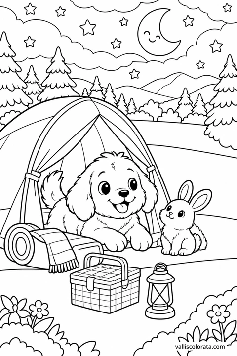 The puppy and a rabbit camp beside a tent under the moon and stars. A Kawaii L2 coloring page from Little Puppy, Big Adventures.