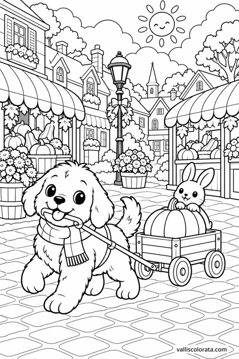 The puppy pulls a little wagon carrying a pumpkin and a rabbit along a village street. A Kawaii L2 coloring page from Little Puppy, Big Adventures.