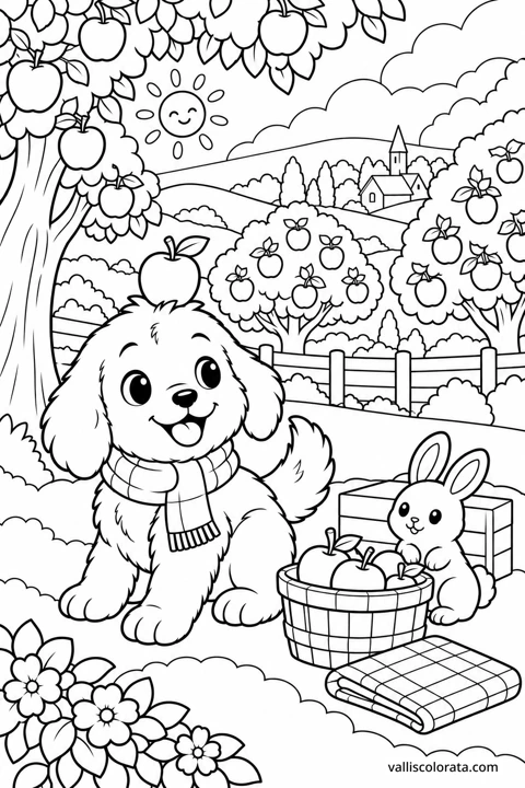The puppy balances an apple on his head in an orchard beside a rabbit and a basket of apples. A Kawaii L2 coloring page from Little Puppy, Big Adventures.
