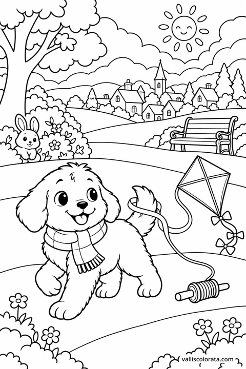The puppy flies a kite on a grassy hill overlooking a cozy village. A Kawaii L2 coloring page from Little Puppy, Big Adventures.