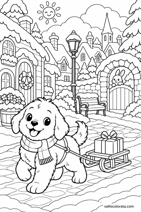 The puppy pulls a gift on a sled through a snowy village while a rabbit peeks over a gate. A Kawaii L2 coloring page from Little Puppy, Big Adventures.