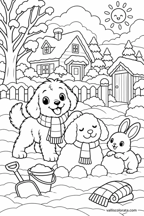 The puppy and a rabbit build a smiling snowdog in a snowy garden. A Kawaii L2 coloring page from Little Puppy, Big Adventures.