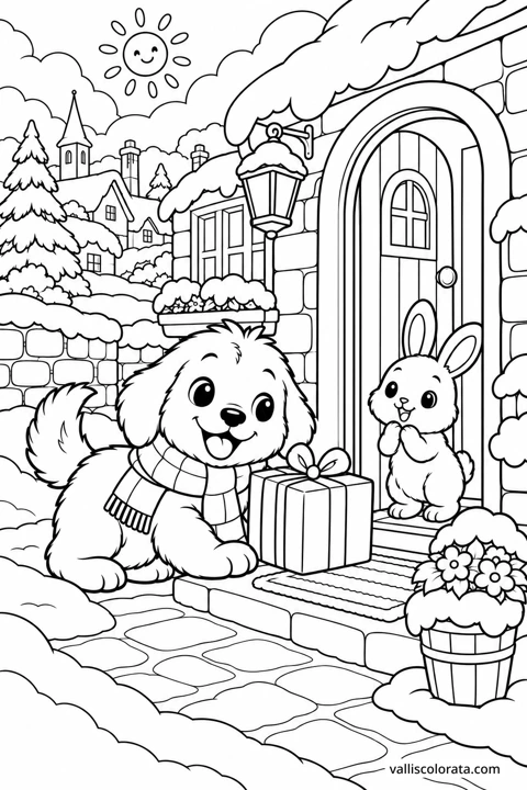 The puppy brings a wrapped present to a rabbit waiting by a garden gate. A Kawaii L2 coloring page from Little Puppy, Big Adventures.