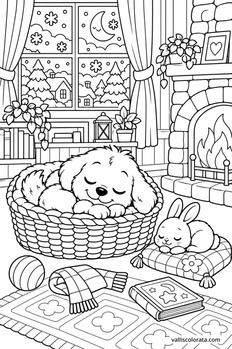 The puppy sleeps in a cozy basket beside the fireplace, with a blanket and storybooks nearby. A Kawaii L2 coloring page from Little Puppy, Big Adventures.