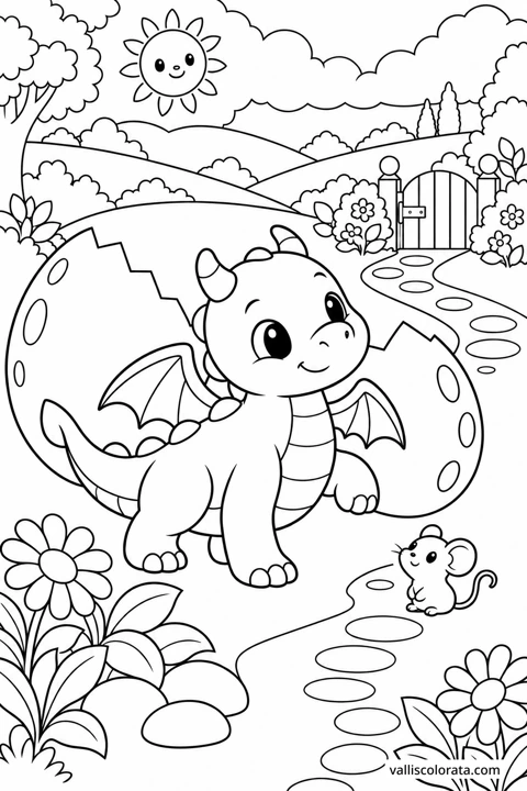 First Step Beyond the Egg. A free Kawaii L2 coloring page from the Tiny Dragon Adventures series, with a detailed scene to color. Download an A4 PDF or branded PNG.