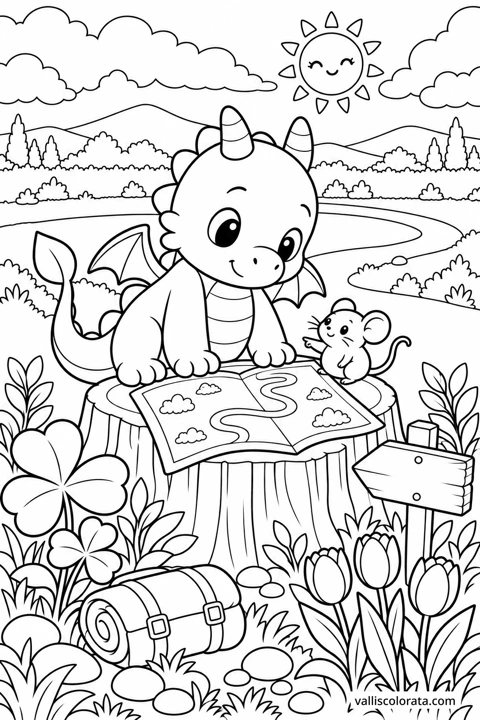 The Meadow Map. A free Kawaii L2 coloring page from the Tiny Dragon Adventures series, with a detailed scene to color. Download an A4 PDF or branded PNG.