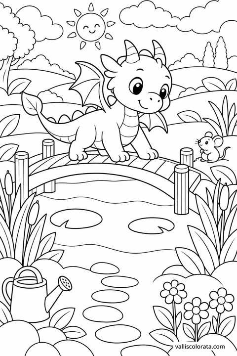 The Puddle Bridge. A free Kawaii L2 coloring page from the Tiny Dragon Adventures series, with a detailed scene to color. Download an A4 PDF or branded PNG.