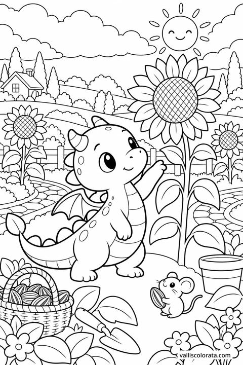 The Giant Sunflower. A free Kawaii L2 coloring page from the Tiny Dragon Adventures series, with a detailed scene to color. Download an A4 PDF or branded PNG.