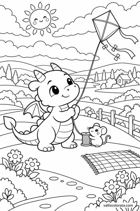 The Kite on the Hill. A free Kawaii L2 coloring page from the Tiny Dragon Adventures series, with a detailed scene to color. Download an A4 PDF or branded PNG.