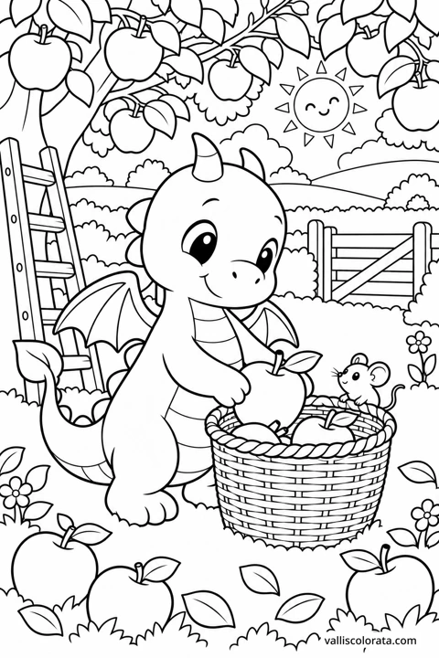The Apple Basket. A free Kawaii L2 coloring page from the Tiny Dragon Adventures series, with a detailed scene to color. Download an A4 PDF or branded PNG.