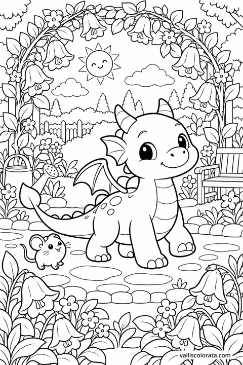 The Flower Tunnel. A free Kawaii L2 coloring page from the Tiny Dragon Adventures series, with a detailed scene to color. Download an A4 PDF or branded PNG.