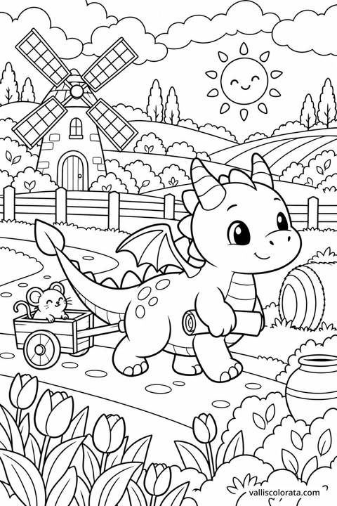 The Windmill Path. A free Kawaii L2 coloring page from the Tiny Dragon Adventures series, with a detailed scene to color. Download an A4 PDF or branded PNG.