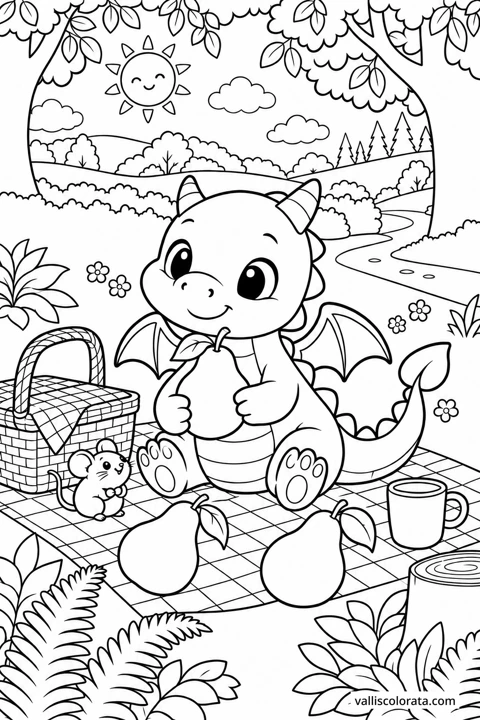 A Picnic Before the Woods. A free Kawaii L2 coloring page from the Tiny Dragon Adventures series, with a detailed scene to color. Download an A4 PDF or branded PNG.