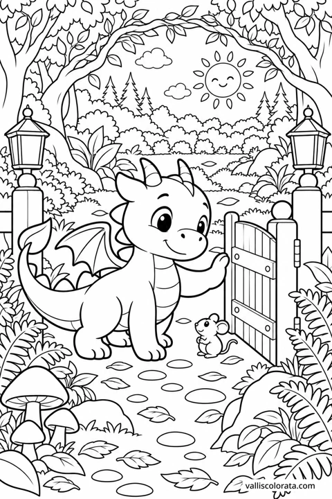 The Woodland Gate. A free Kawaii L2 coloring page from the Tiny Dragon Adventures series, with a detailed scene to color. Download an A4 PDF or branded PNG.