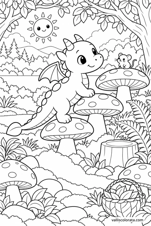 Mushroom Steps. A free Kawaii L2 coloring page from the Tiny Dragon Adventures series, with a detailed scene to color. Download an A4 PDF or branded PNG.