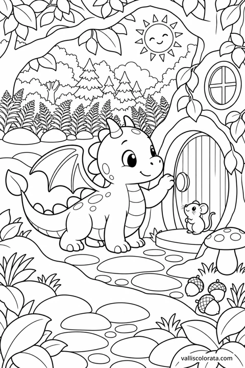 The Hollow Tree Door. A free Kawaii L2 coloring page from the Tiny Dragon Adventures series, with a detailed scene to color. Download an A4 PDF or branded PNG.