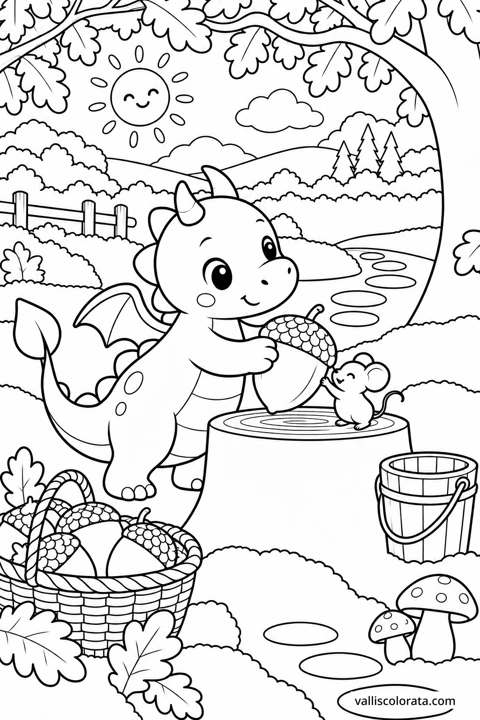 The Acorn Lift. A free Kawaii L2 coloring page from the Tiny Dragon Adventures series, with a detailed scene to color. Download an A4 PDF or branded PNG.
