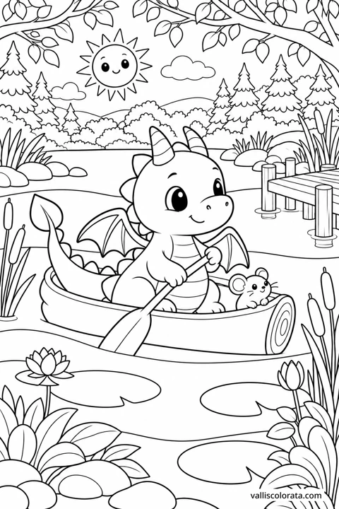 The Little Log Boat. A free Kawaii L2 coloring page from the Tiny Dragon Adventures series, with a detailed scene to color. Download an A4 PDF or branded PNG.