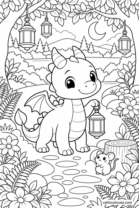 Lantern Glade. A free Kawaii L2 coloring page from the Tiny Dragon Adventures series, with a detailed scene to color. Download an A4 PDF or branded PNG.