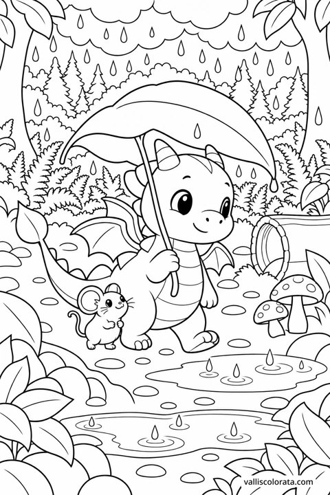 A Leaf for an Umbrella. A free Kawaii L2 coloring page from the Tiny Dragon Adventures series, with a detailed scene to color. Download an A4 PDF or branded PNG.